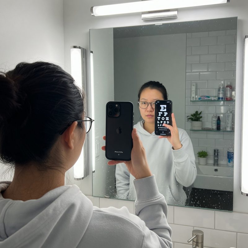 Person holding phone with screen facing mirror — eye chart visible in reflection